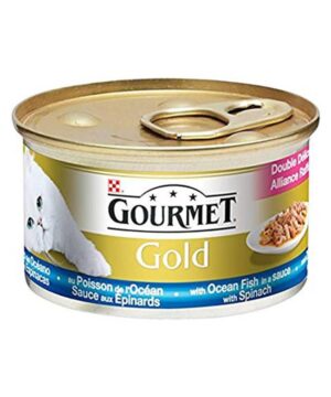 کنسرو مخصوص گربه، حاوی ماهی و اسفناج، 85 گرمی، برند گورمه گلد