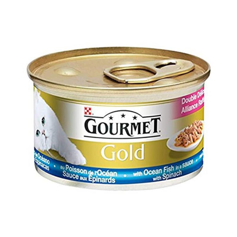 کنسرو مخصوص گربه، حاوی ماهی و اسفناج، 85 گرمی، برند گورمه گلد