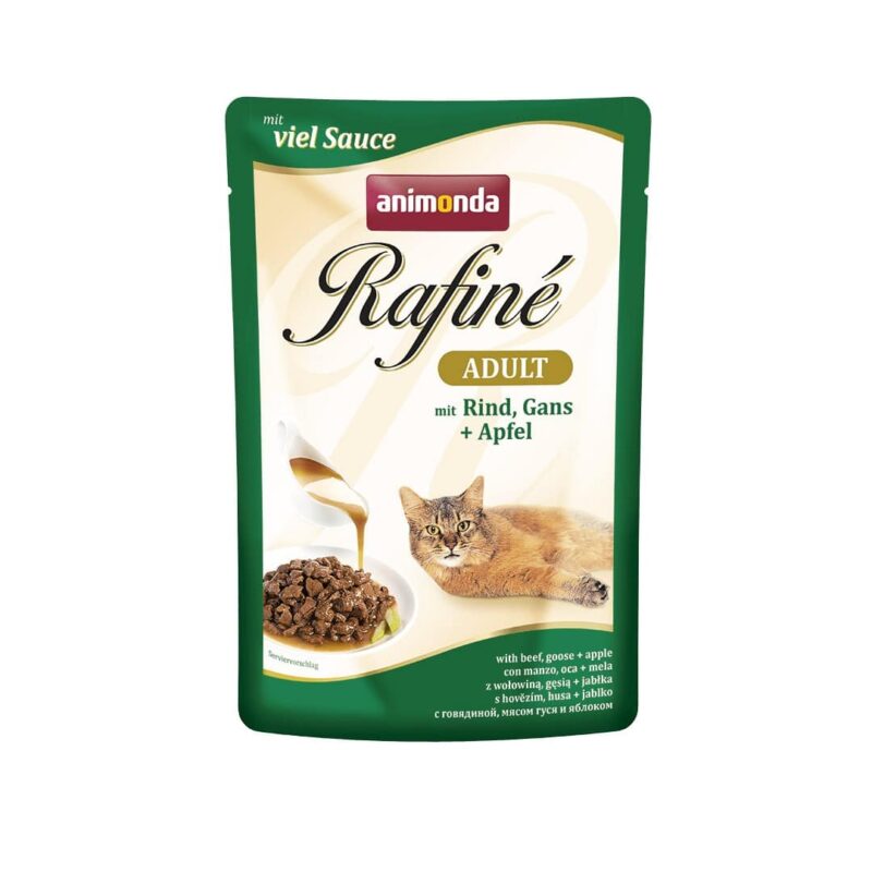 پوچ، مخصوص گربه بالغ، حاوی گوشت گاو، غاز و سیب، 100 گرمی، برند رافینه