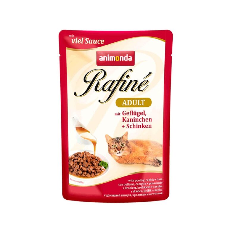 پوچ، مخصوص گربه بالغ، حاوی گوشت پرندگان، خرگوش و گراز، 100 گرمی، برند رافینه