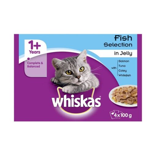 پوچ مخصوص گربه بالغ، حاوی انواع ماهی در ژله، 4 بسته 100 گرمی، برند ویسکاس