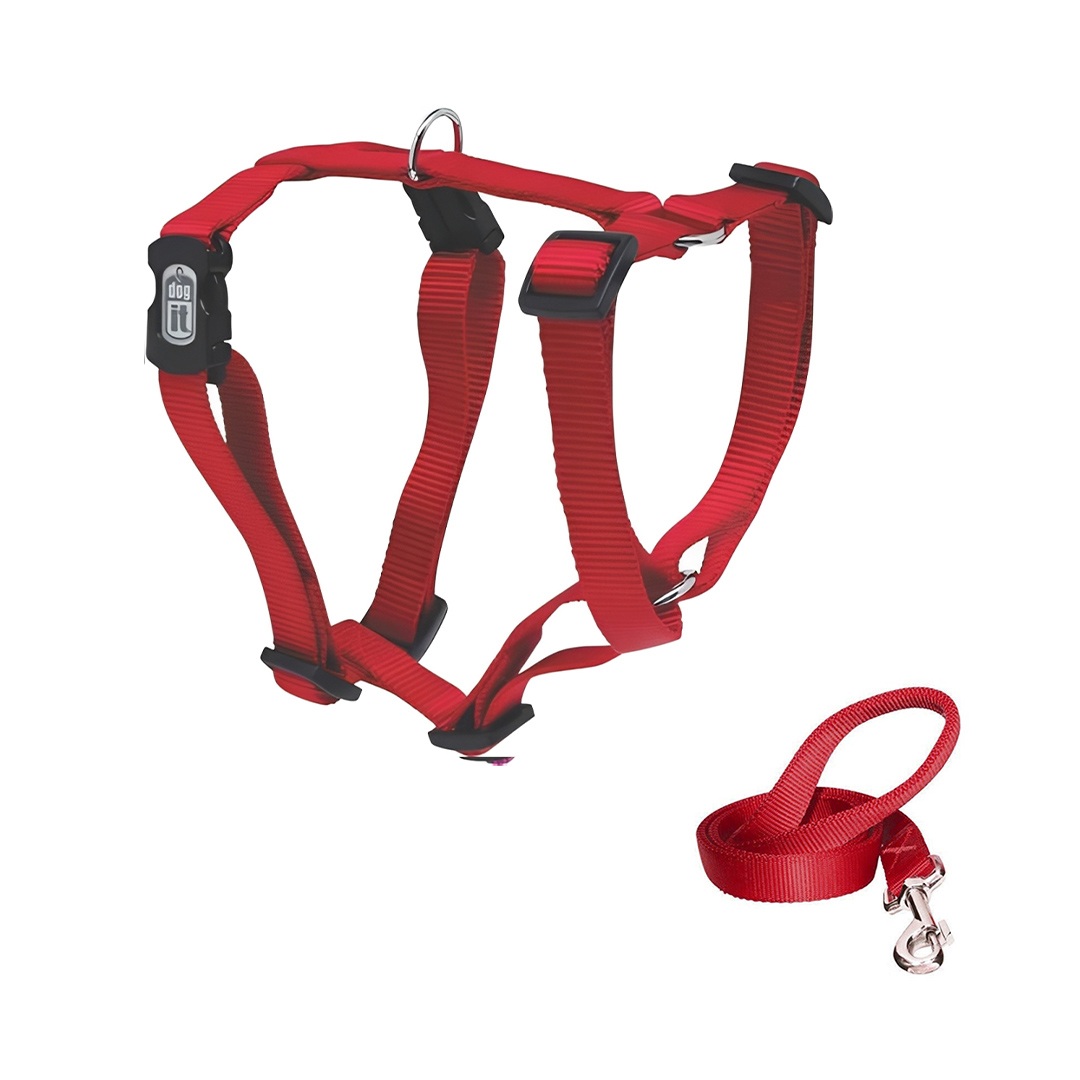 قلاده تنی سگ با بند قلاده، ساده، سایز M، داگیت، قرمز