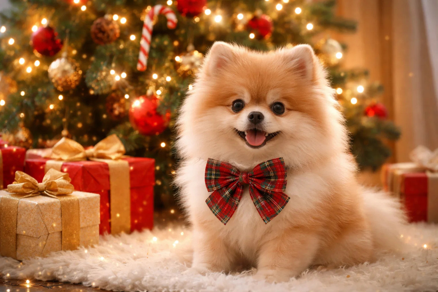 Pomeranian dog sitting near a Christmas tree